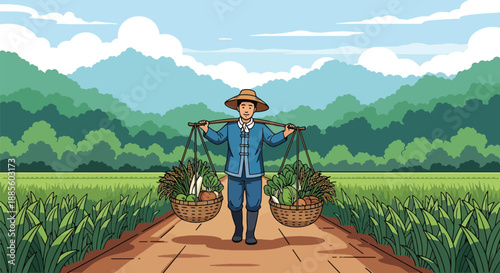 Vector illustration of an Asian farmer carrying harvested crops on a shoulder pole, reflecting traditional transport and hardworking rural agriculture lifestyle in flat vector style
