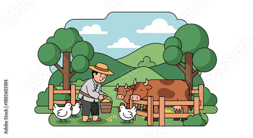 Vector illustration of an Asian farmer feeding livestock in a small enclosure, representing animal care and balanced rural farm life in flat vector style