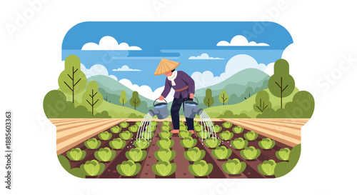Vector illustration of an Asian farmer watering crops with buckets, showing traditional irrigation methods and daily sustainable agriculture in a flat vector countryside scene
