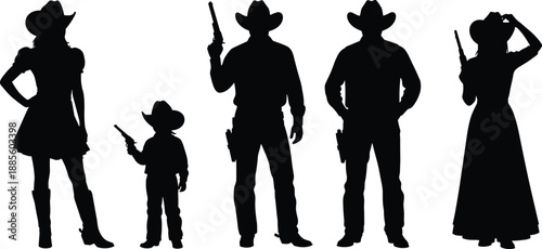 Set of black silhouettes featuring a family of cowboys and cowgirls wearing hats and holding pistols in classic wild west poses