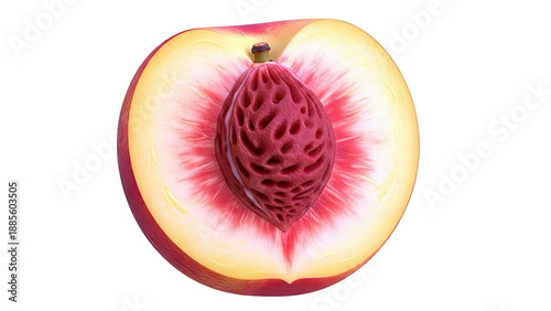 Cross-section of a ripe peach showing its pit and flesh