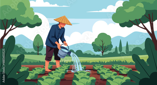 Vector illustration of an Asian farmer watering crops with buckets, showing traditional irrigation methods and daily sustainable agriculture in a flat vector countryside scene