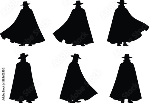 Set of black silhouettes featuring a mysterious man wearing a long cloak and fedora hat in various dramatic standing poses