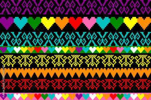 Colorful pixel art pattern inspired by textile motifs, celebrating love, diversity, and LGBTQ+ pride with vibrant hearts and geometric symmetry, ideal for fabric, wallpaper, and vector illustration 