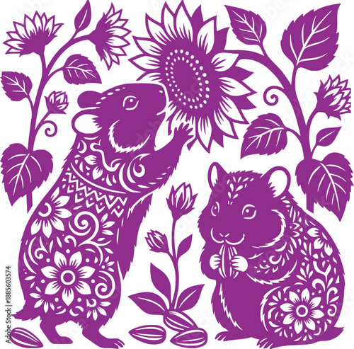 Decorative silhouette of 2 cute hamsters eating sunflower seeds