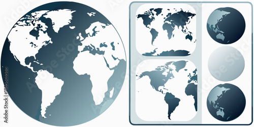 Illustrative world maps and globes in shades of blue and gray