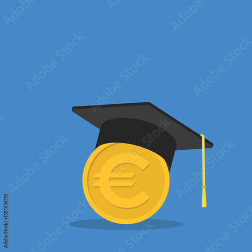 Education finance concept with graduation cap and Euro coin.	