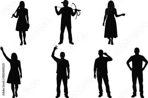 Set of black silhouettes featuring people in various casual poses including a woman with a baseball bat and a male archer