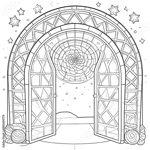 Line art of an archway with open doors, a spiral design, and stars in a night sky