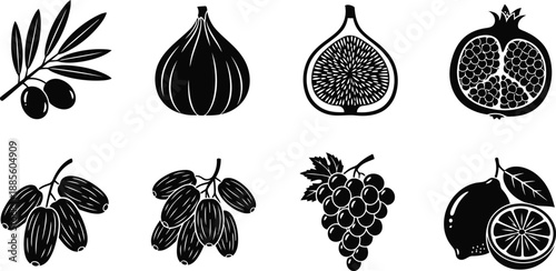Mediterranean fruit vector silhouette set with fig, pomegranate, grape, olive, lemon