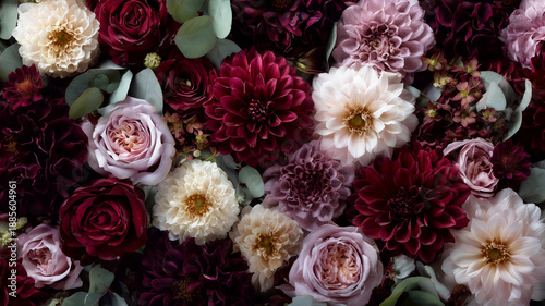 ボルドーローズとダリアの深みのあるエレガントなフラワー背景｜シックカラー