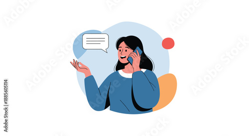 Young woman wearing a blue sweater talking on her mobile phone with an animated expression and a speech bubble indicating active communication.