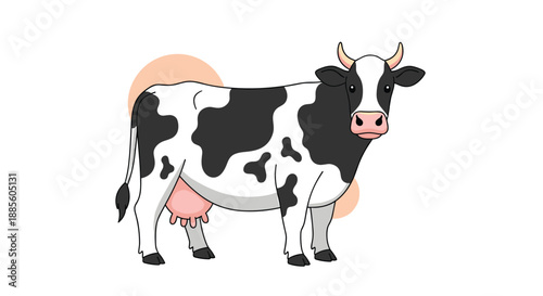 Side view illustration of a black and white spotted dairy cow with small horns and a pink udder, representing farm animals and milk production.