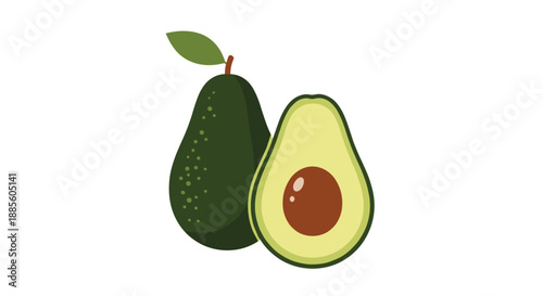 Ripe whole dark green avocado shown next to a sliced half featuring a large brown seed and creamy light green flesh on a clean white background.