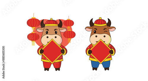 Two cute cartoon bulls dressed in traditional Chinese outfits holding red lucky envelopes for lunar new year celebrations.