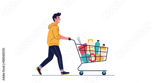 Young man in a yellow hoodie pushing a shopping cart filled with various grocery items and products on a white background.