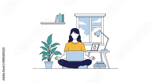 Woman sitting in a cross-legged yoga pose while working on her laptop in a peaceful room near a bright window.