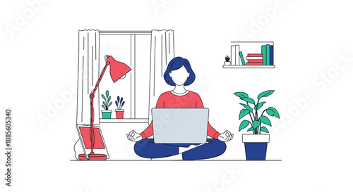Woman practicing meditation in a lotus position while using her laptop at a desk in a clean home office setting.