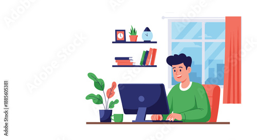 Smiling young man wearing a green sweater working on his computer at a desk in a modern room with green plants.