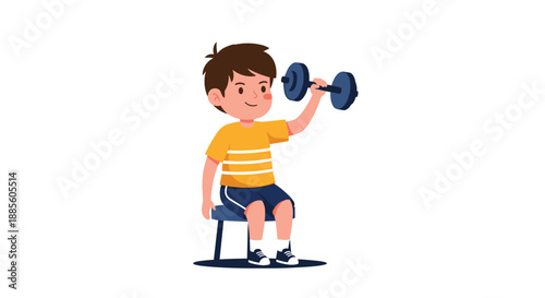 Young boy sitting on a stool and exercising by lifting a heavy dumbbell with one arm in a flat vector style.