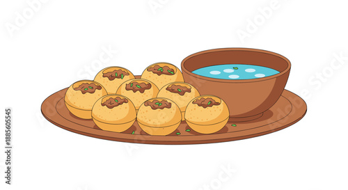 Traditional Indian snack pani puri or gol gappa served on a plate with a bowl of spicy flavored water for dipping.