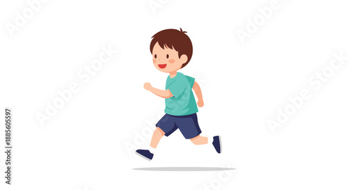 Cheerful young boy with brown hair in a teal shirt and navy shorts running happily across a clean white background.