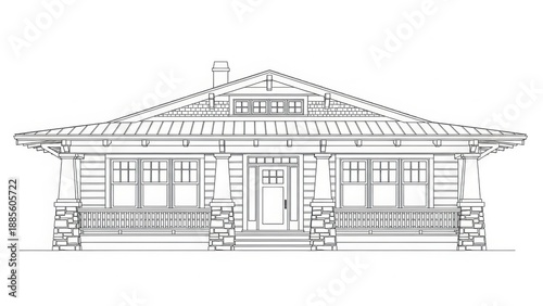 Konstfotografi Front view of a modern house with porch and stone foundation