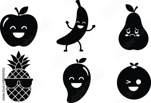 Funny fruit vector silhouette set with happy faces for kids and playful design