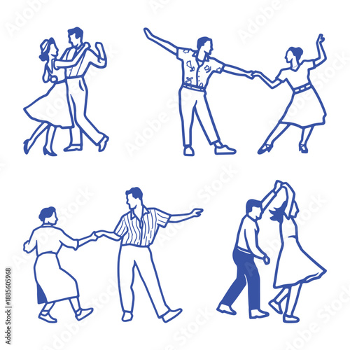 Dynamic Retro Swing Dance Couples Vector Illustration Set