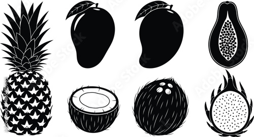 Tropical fruit vector silhouette set with pineapple, mango, coconut, papaya, dragonfruit