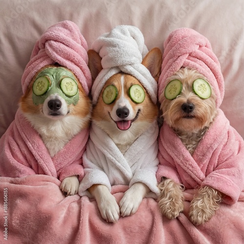 Three adorable dogs are relaxing together, each wearing a pink bathrobe and a towel or headband on their head