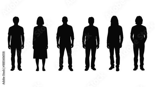 Silhouettes of six individuals isolated on white background, Vector