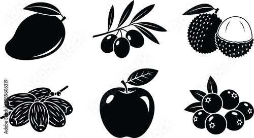 Tropical fruit vector silhouette set isolated on white, black graphic illustration icons