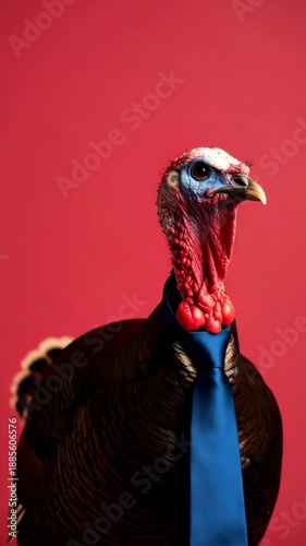 Portrait of a turkey wearing a blue necktie against a vibrant red background, showcasing its unique features and plumage, creating an absurd and humorous effect.