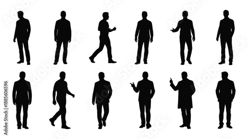 Silhouettes of people in various poses isolated on white background, Vector