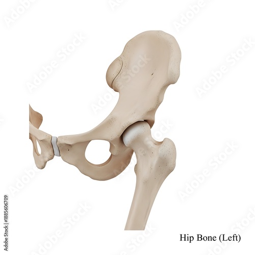 Left hip bone and femur head joint shown on white background, medical view