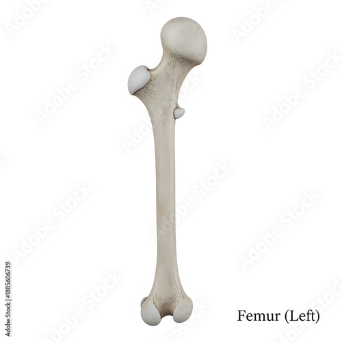 Complete left femur bone anatomical model showing distal and proximal joints on white back