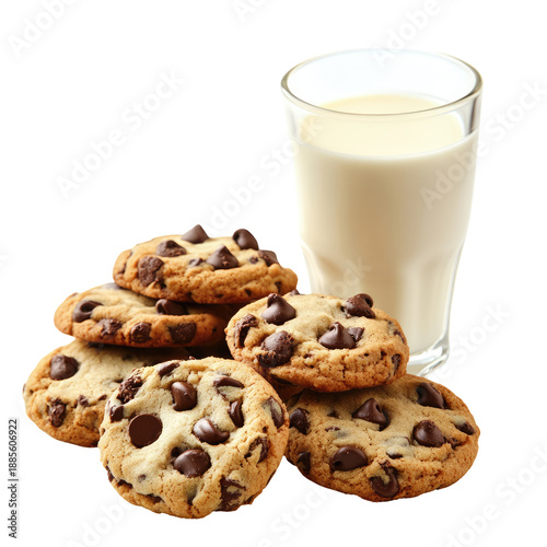 Delicious chocolate chip cookies with glass of milk homemade treat isolated on transparent background