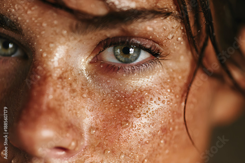Close-up of a Woman's Face with Water Droplets
