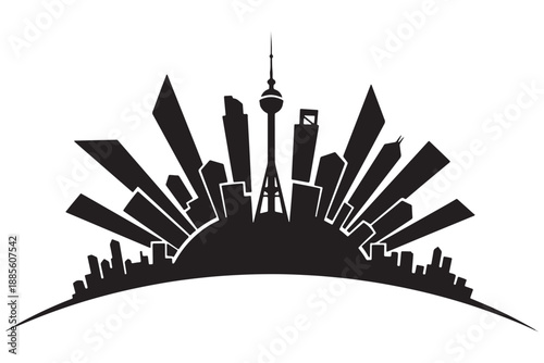 A black silhouette of the Toronto city skyline with the CN Tower prominently featured