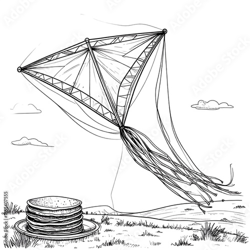 Line art sketch of a unique kite flying over a field with a stack of pancakes