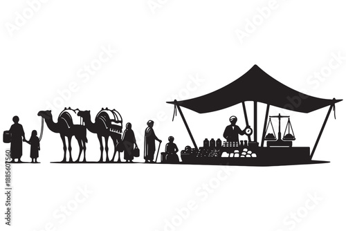 A black and white illustration of a desert market scene with people and camels.