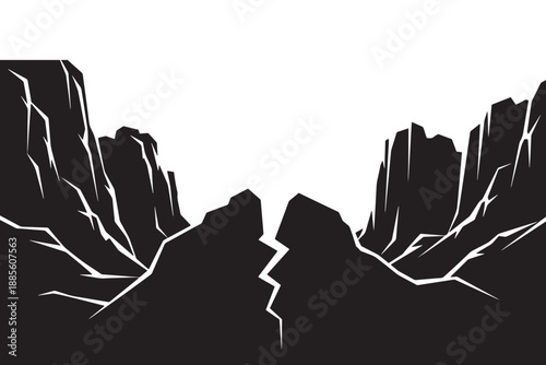 A dramatic black and white illustration of a mountain range with a deep gorge