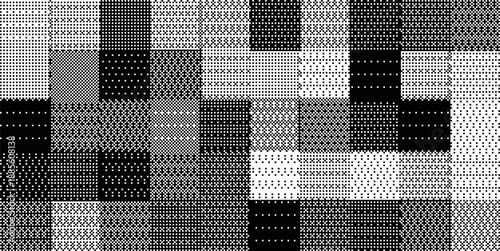 Pixel halftone pattern background. Black and white geometric grid with small squares and dots. Abstract mosaic texture in digital dither style. Modern minimal design. Vector illustration