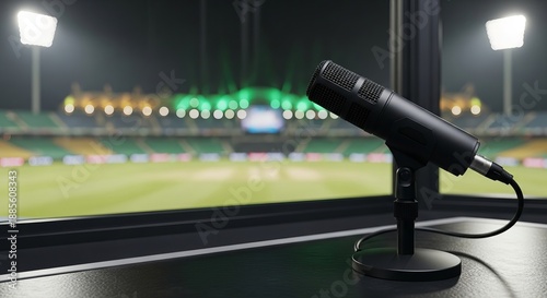 Professional microphone ready for live cricket commentary in a vibrant Pakistan Super League stadium at night, capturing the excitement concept