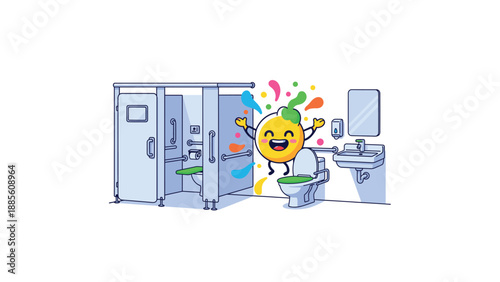 Happy cartoon character using a toilet in a modern bathroom with colorful splashes.