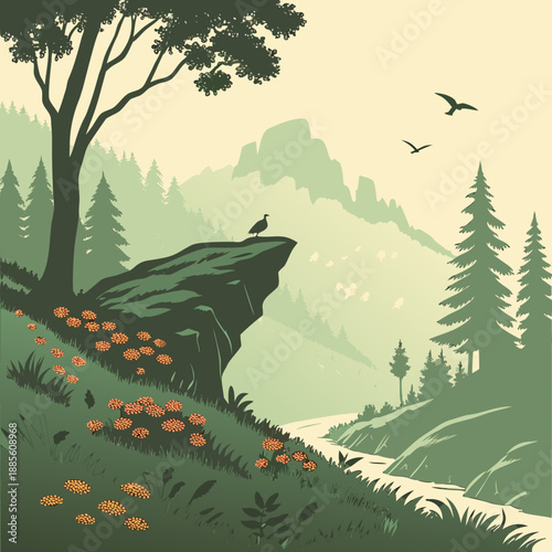 Tranquil floating plateau landscape with soft shadows and vector art style, peaceful natural scene.