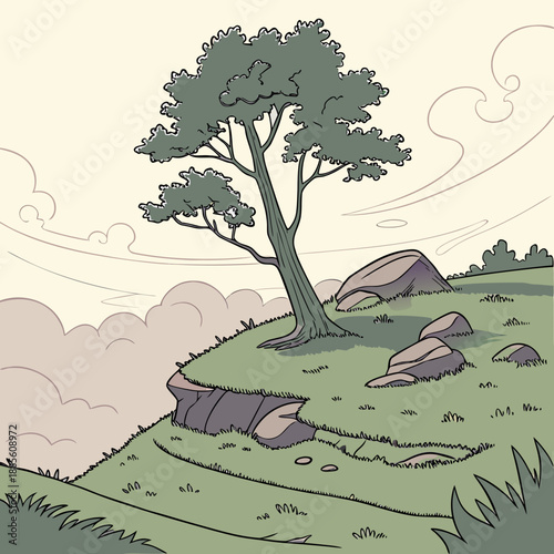 Tranquil floating plateau landscape with soft shadows and vector art style, peaceful natural scene.