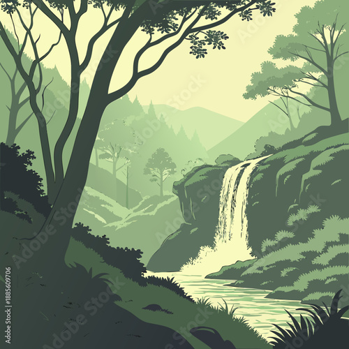 Hidden waterfall forest landscape using layered opacity effects, tranquil nature scene with lush foliage