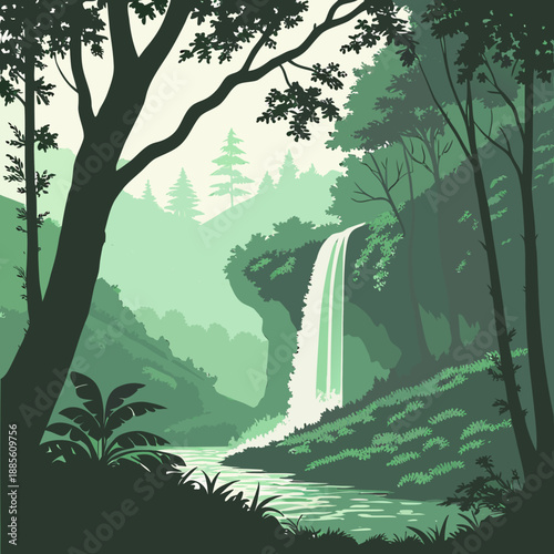 Hidden waterfall forest landscape using layered opacity effects, tranquil nature scene with lush foliage